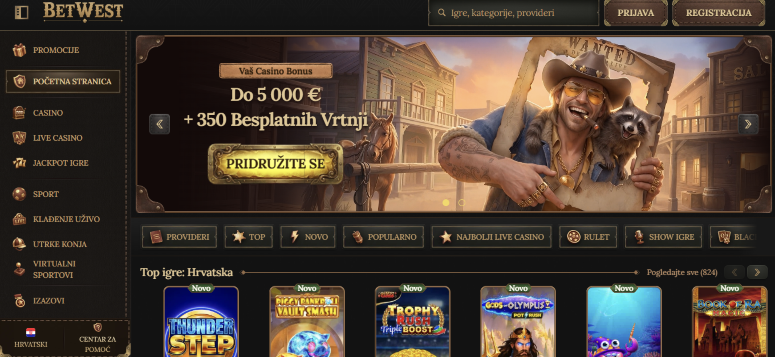 Snimka zaslona BetWest casina